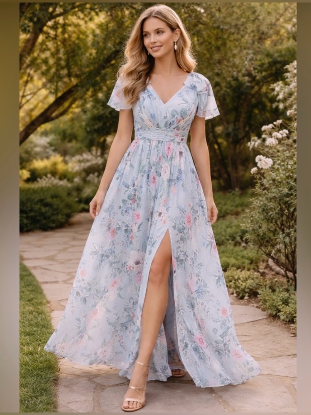 Adrianna Papell Women's 6P
Glacier Multi Blue Floral Chiffon Maxi Dress NWOT 🎓💍